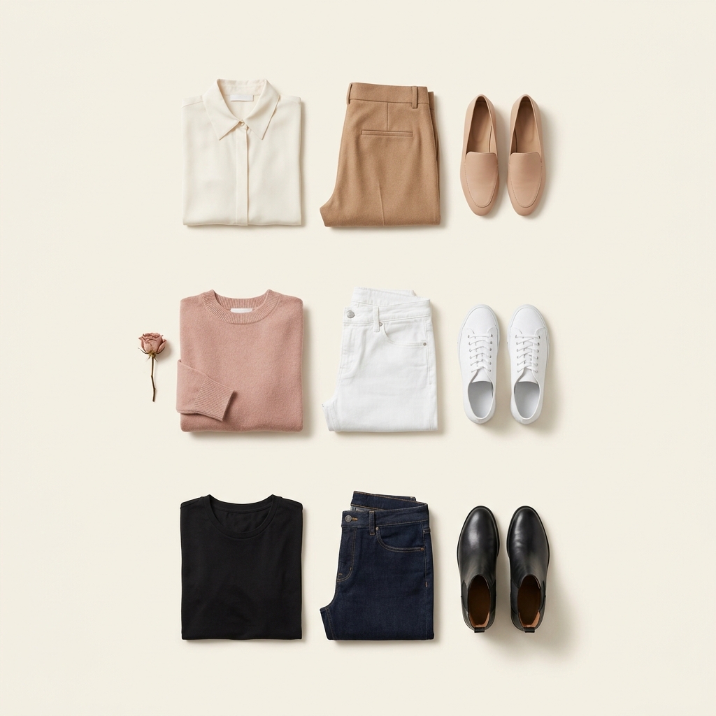 Three outfit flat-lays stacked vertically, each with folded top, bottom, and shoes