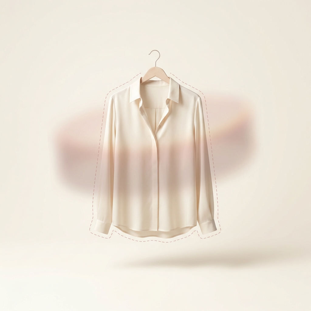 A cream silk blouse on a wooden hanger with an AI scan outline