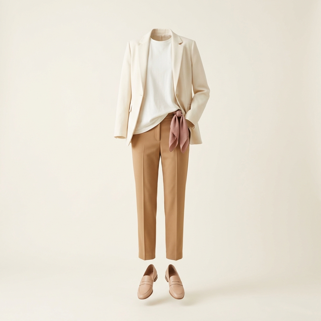 A composed outfit of cream blazer, ivory tee, camel trousers, and nude loafers on an invisible mannequin