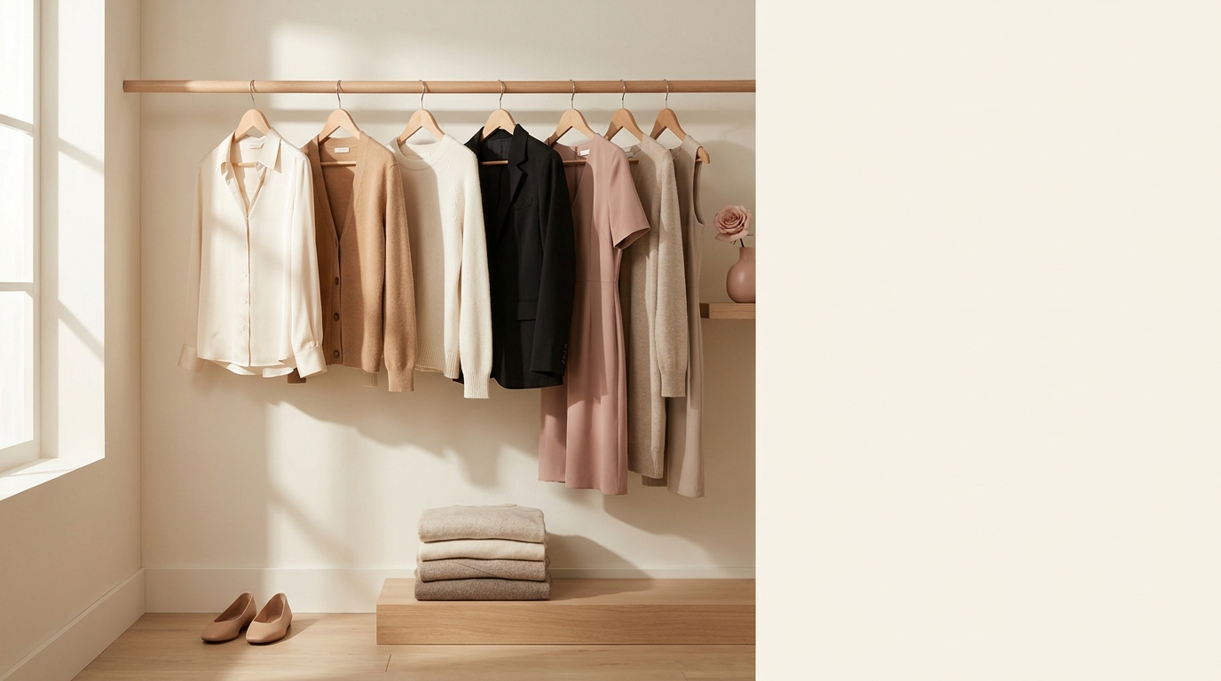 A calmly lit walk-in closet with neutral wardrobe pieces hanging on wooden hangers